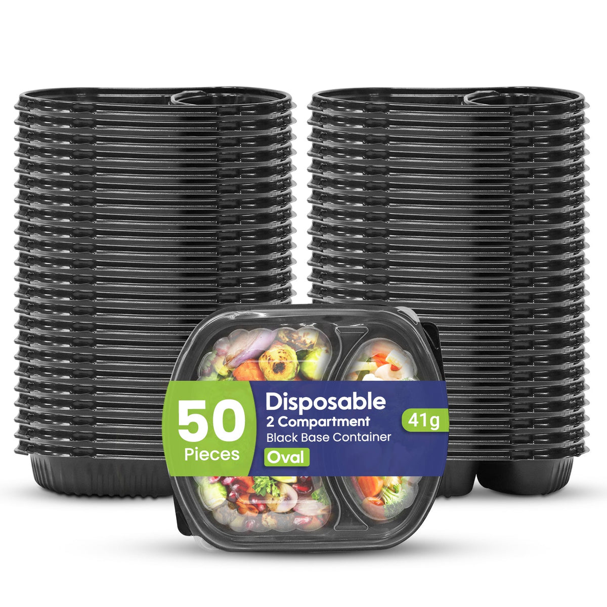 Oval Black Microwave Meal Prep Containers 2 Compartment With Lid