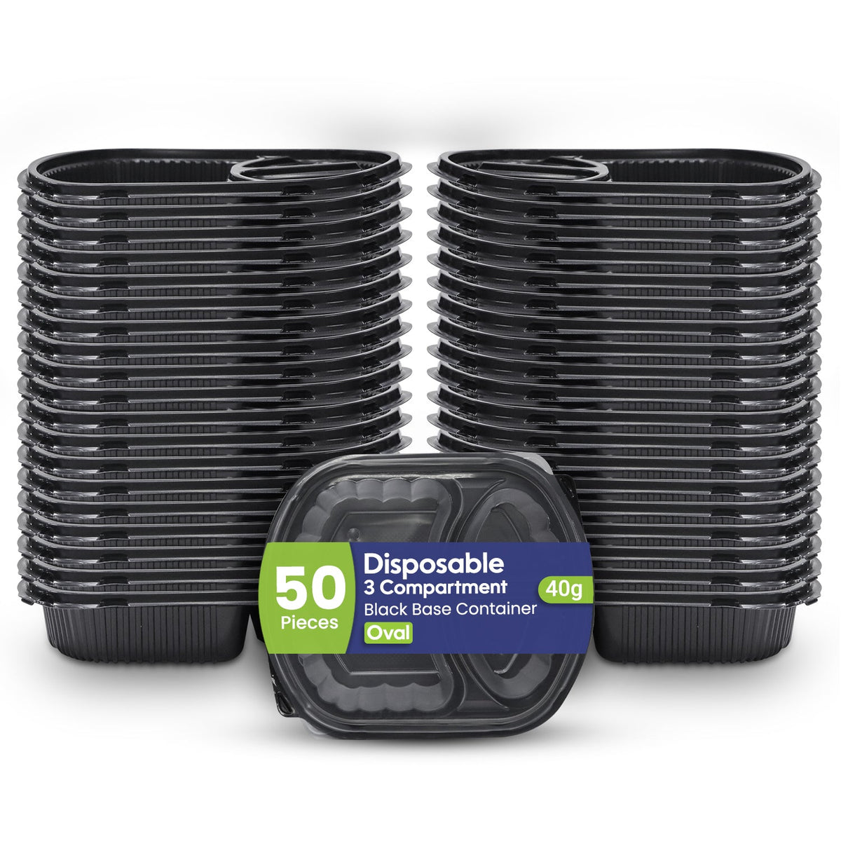 Oval Black Microwave Meal Prep Containers 3 Compartment With Lid