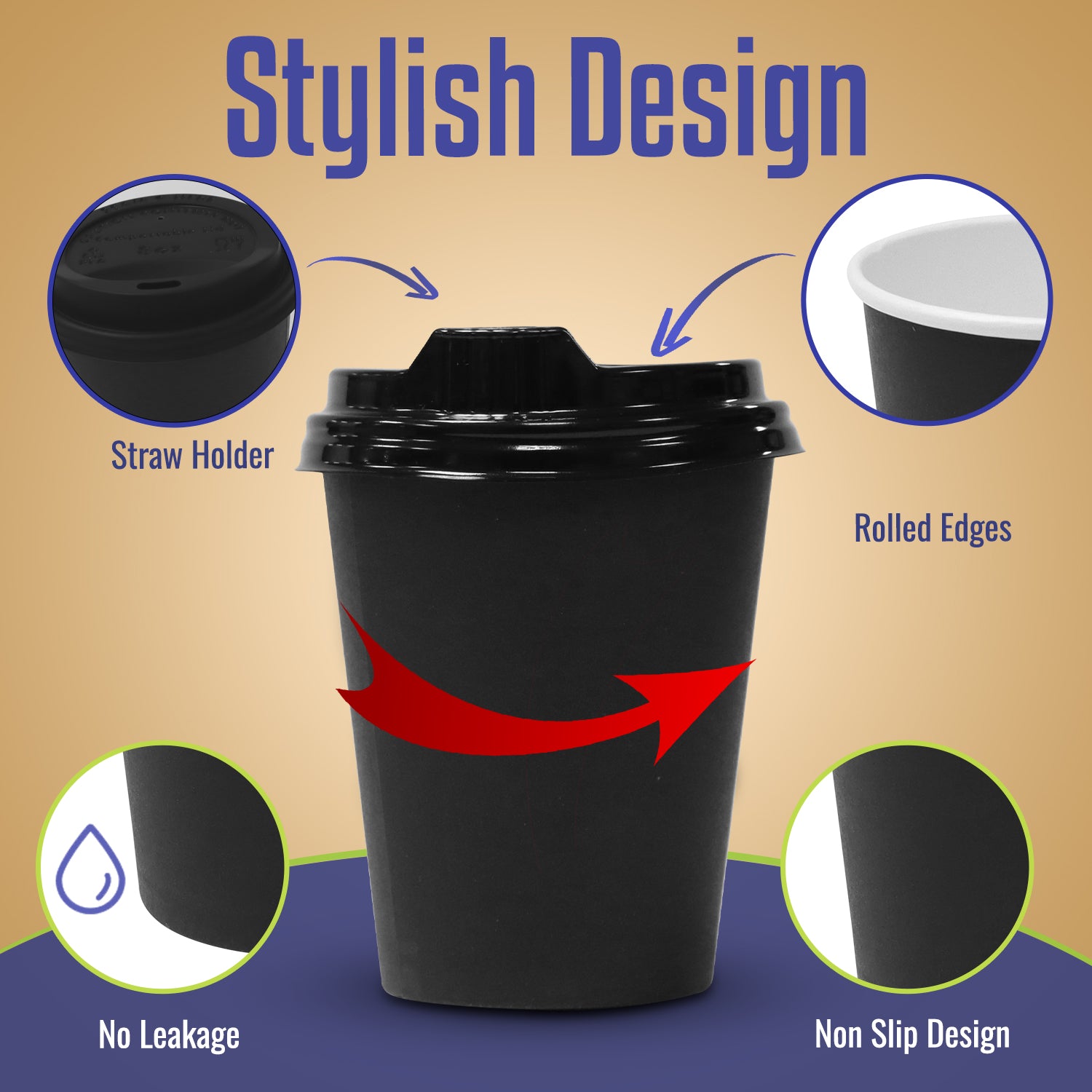 Single Wall Coffee Paper Cup Black 12 Oz With Lid