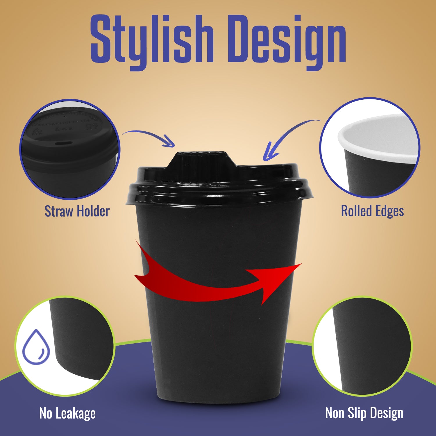 Single Wall Coffee Paper Cup Black 8 Oz With Lid